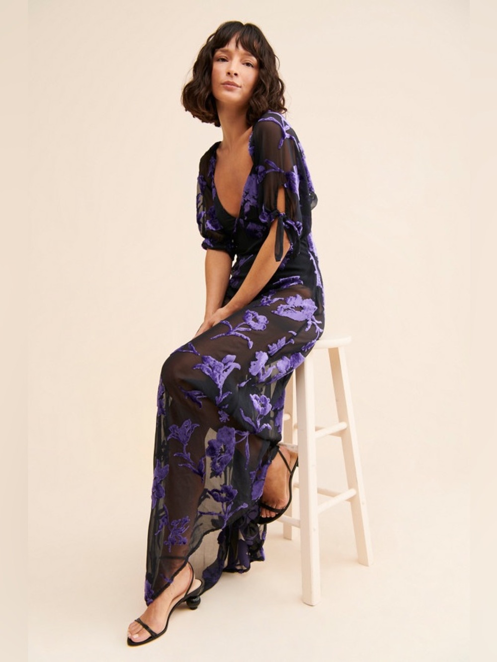 Free People Dahlia Black Purple Floral Burnout Witchy Dress Maxi Gown sz M - Picture 3 of 9